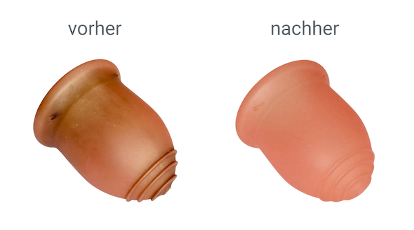 Lena L rosa Menstruationstasse vorher und nach der Reinigung mit Natriumpercarbonat