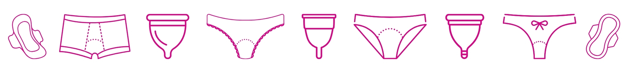 Pictogrammes de coupes menstruelles, culottes menstruelles et serviettes hygiéniques lavables chez Afriska.ch