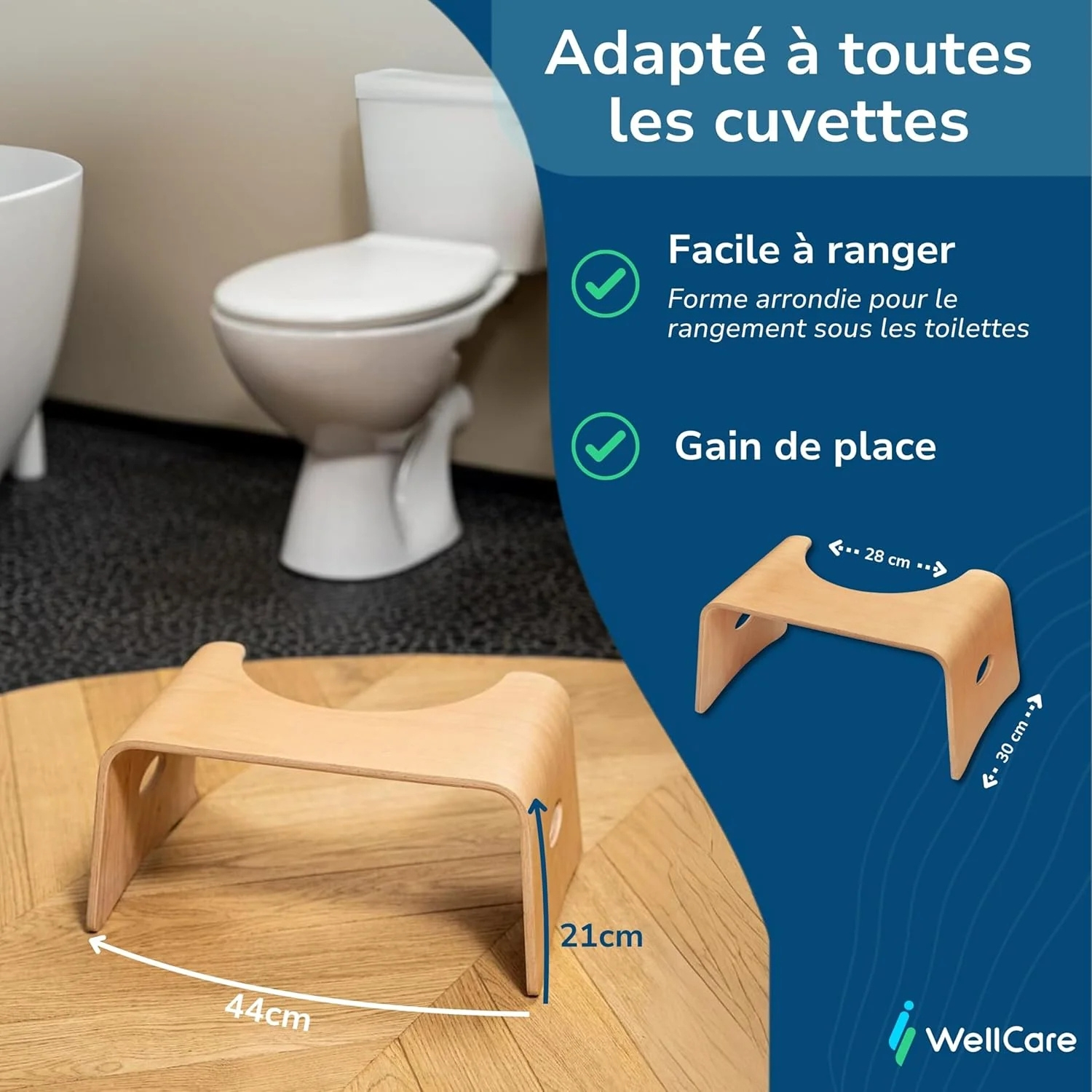 toilettenhocker-wellcare-masse Ergonomischer WellCare-Toilettenhocker aus Buchenholz für eine natürliche Hockposition.