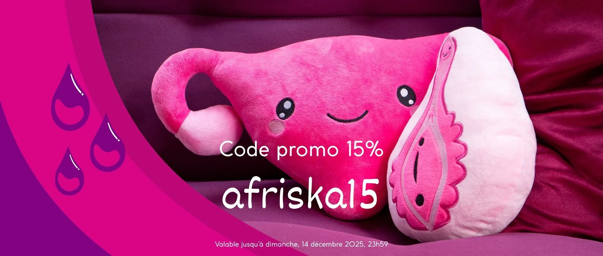 Photo de coussin fuchsia avec deux peluches rose d'un utérus et d'une vulve avec un code promo de 15%