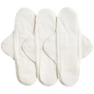 Set de trois serviettes hygiéniques lavables Imse en coton biologique blanc, modèle Maxi pour flux abondant, dépliées